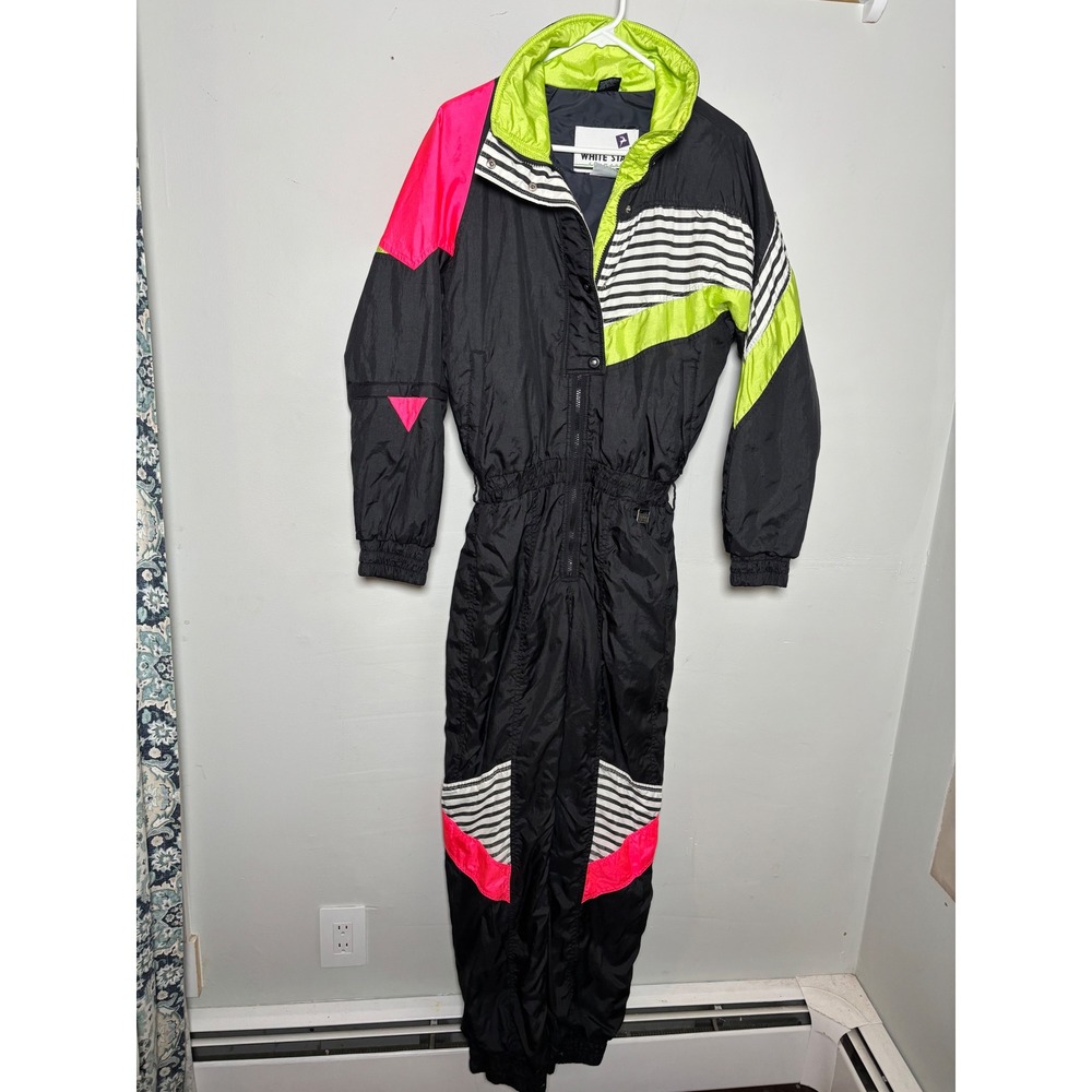 Vintage White Stag One Piece Ski Suit Neon Pink Green Black Women's 8 Retro